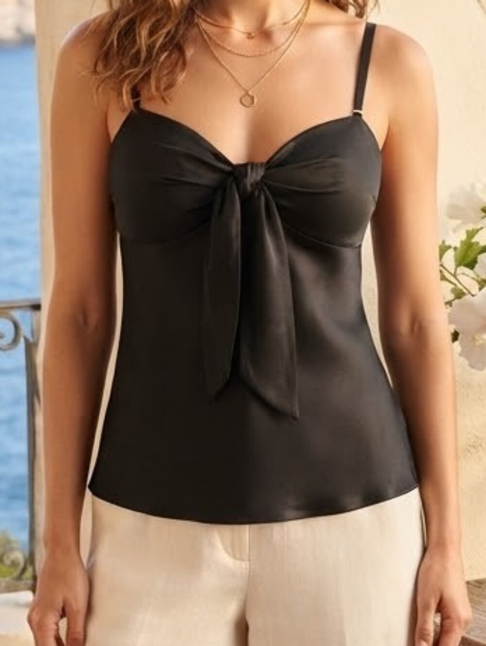 White House Black Market Black Satin Tie-Front Camisole Top